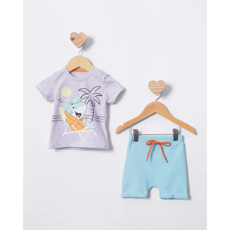 Conjunto Bebê Curto Manga Curta Estampa Tubarão Tropical Cinza M