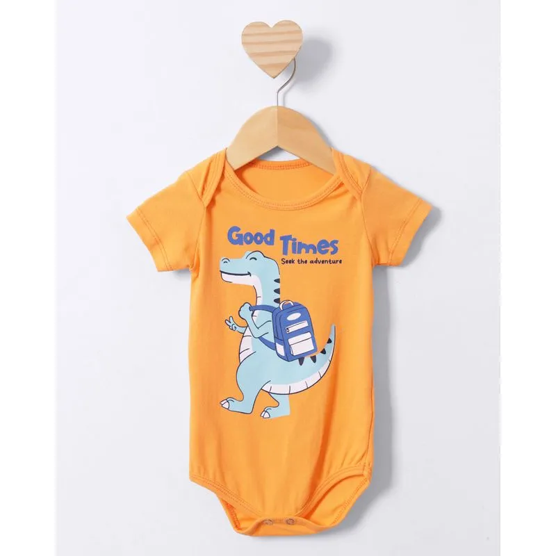 Body Bebê Manga Curta Estampa Dinossauro Neon Laranja M