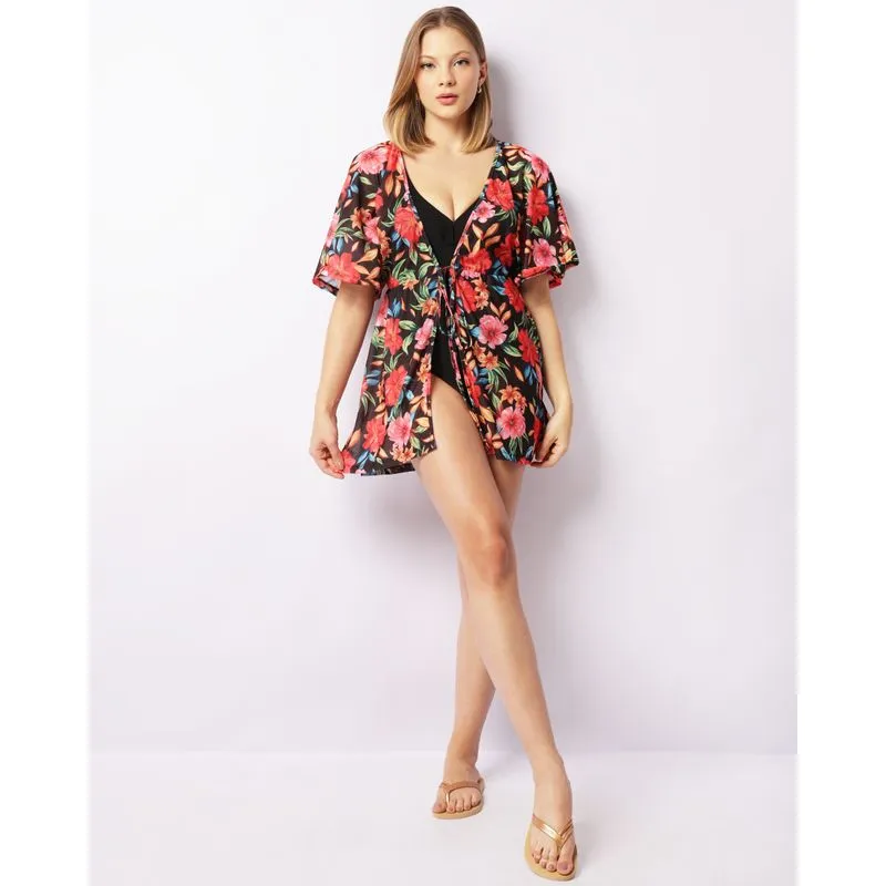Saída De Praia Feminina Kaftan Curto Estampado Floral Preta M