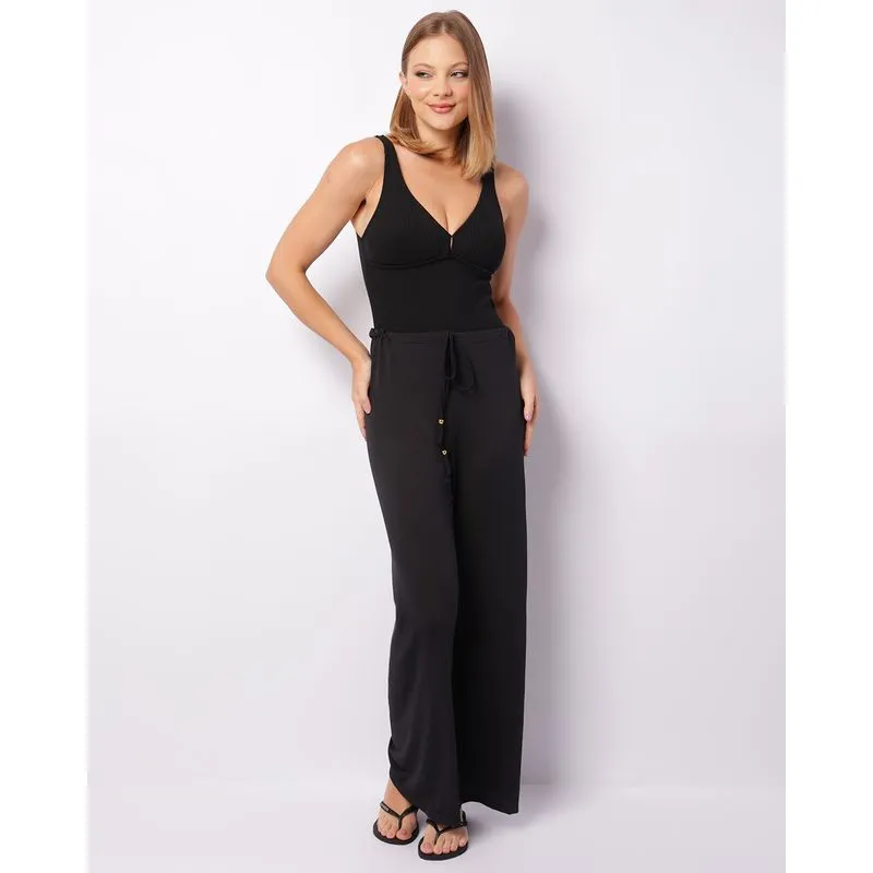 Saída De Praia Feminina Calça Pantalona Telada Preta G