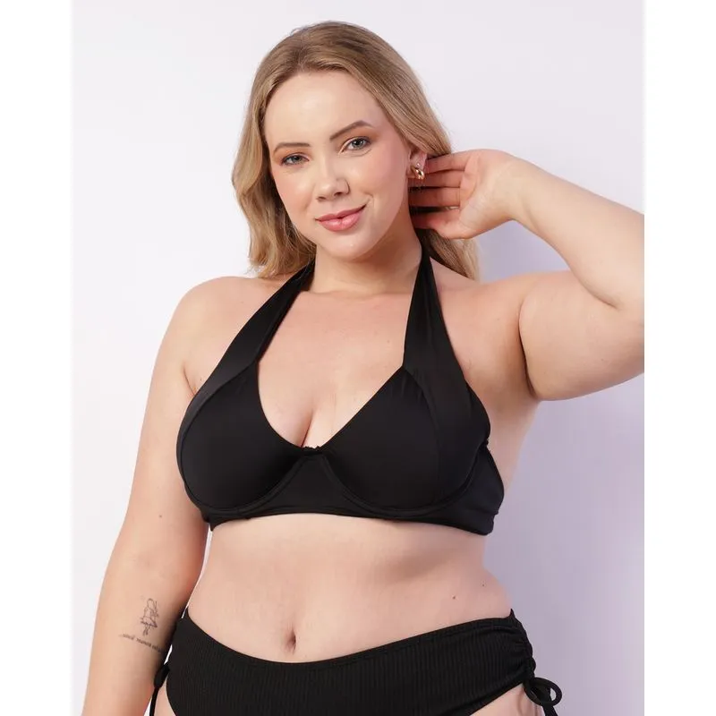 Top Biquíni Plus Size Avulso Liso Franzido Preto 50