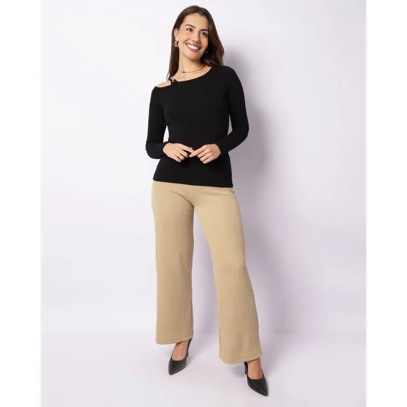 Calça Feminina Pantalona Texturizada Bege M