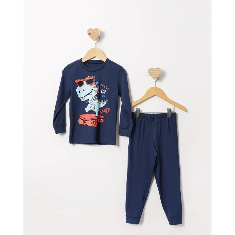 Pijama Bebê Estampa Dinossauro Manga Longa Marinho 3