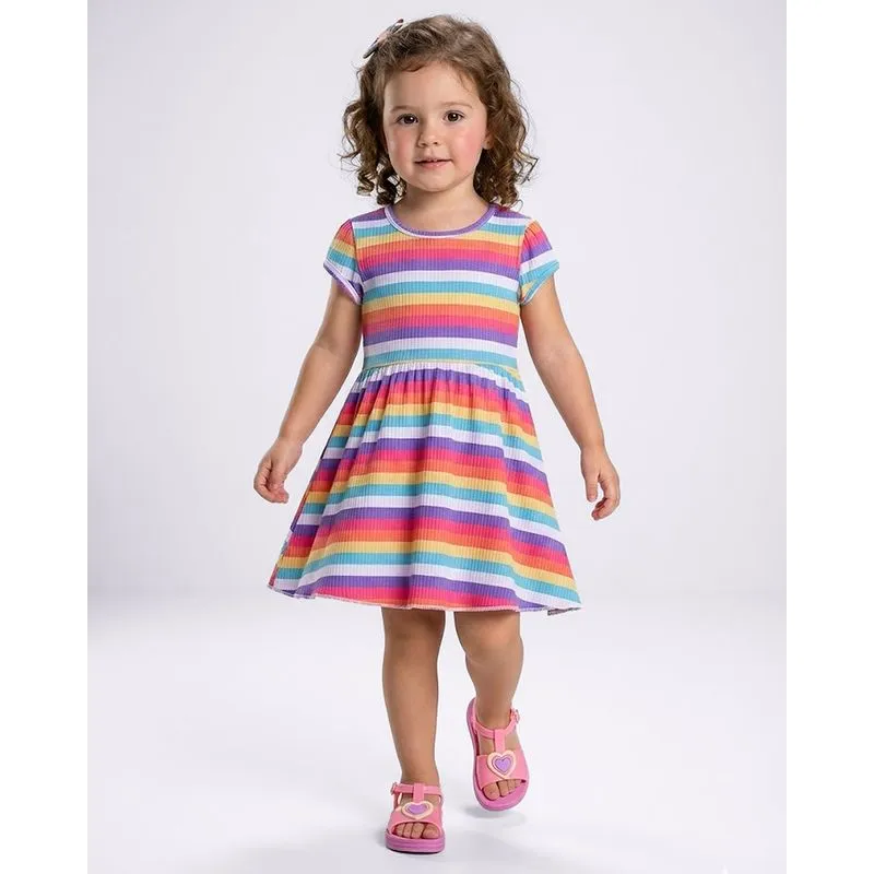 Vestido Bebê Manga Curta Canelado Listrado Branco 2