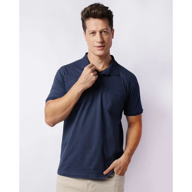 Camisa Polo Masculina Manga Curta Lisa Com Bolso Marinho GG