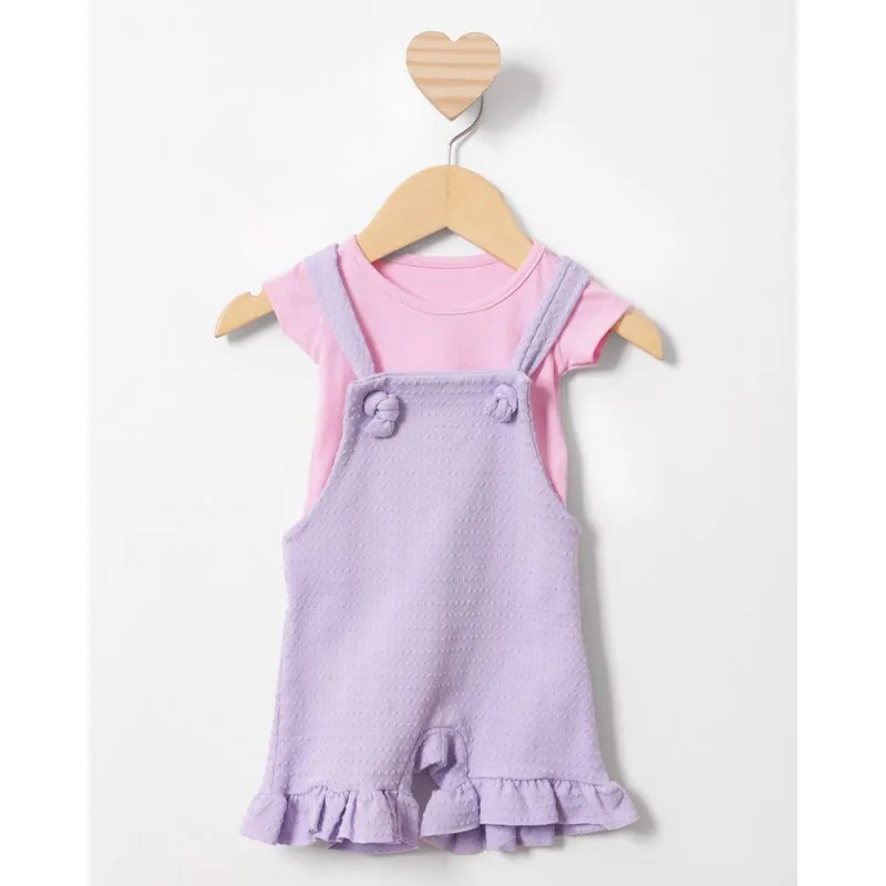 Conjunto Jardineira Bebê Curta Poa Lilás P