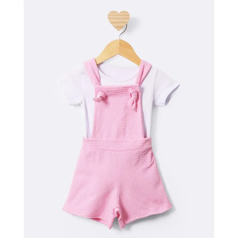Conjunto Jardineira Bebê Poá Com Amarração Rosa 1