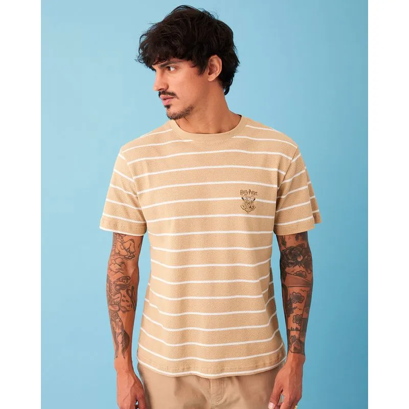 Camiseta Masculina Texturizada Harry Potter Manga Curta Bege M