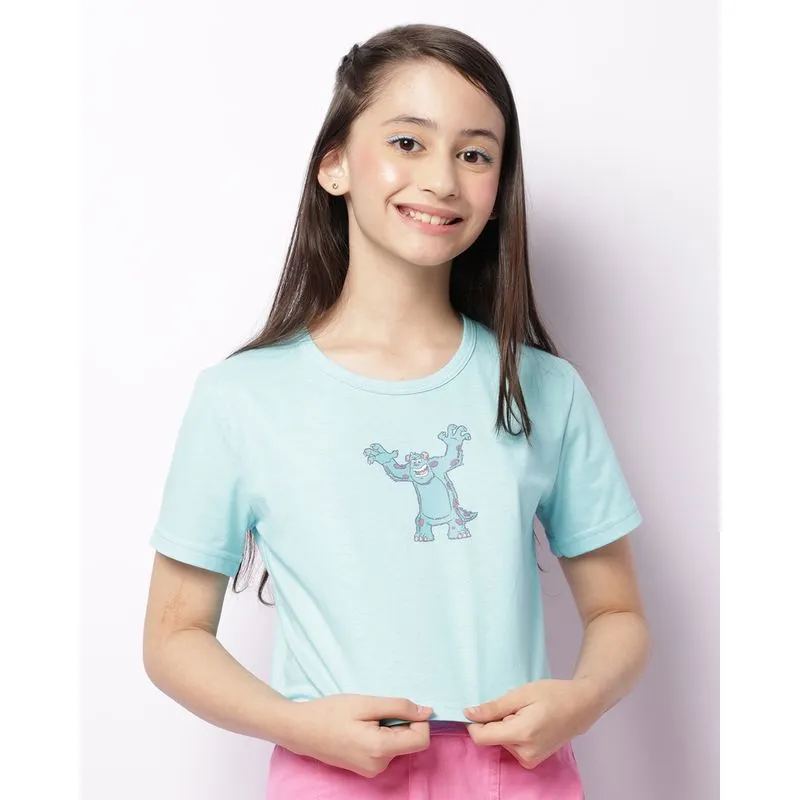 Camiseta Juvenil Disney Monstros S.A Cropped Manga Curta Azul 10