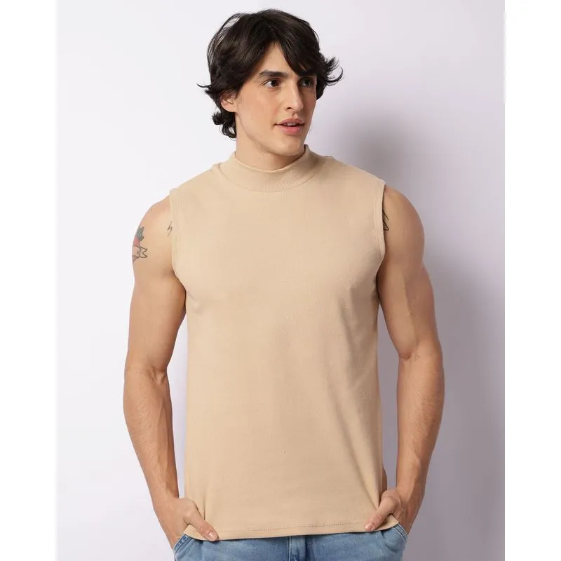 Regata Masculina Canelada Gola Alta Bege P