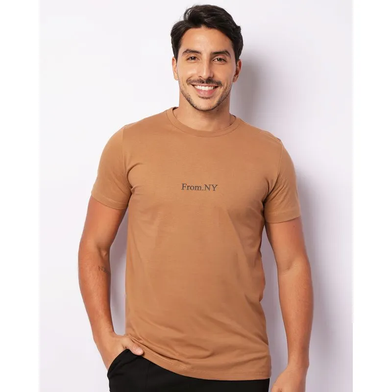 Camiseta Masculina Estampa Letras Manga Curta Marrom GG