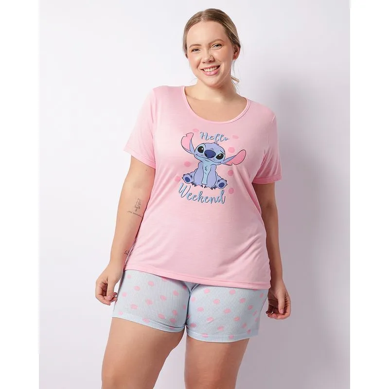 Pijama Plus Size Feminino Curto Disney Stitch Rosa 52