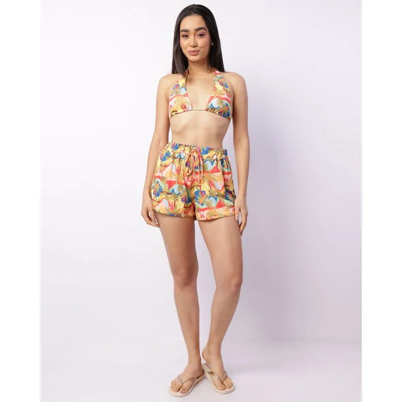 Saida De Praia Short Feminina Estampada Amarela G