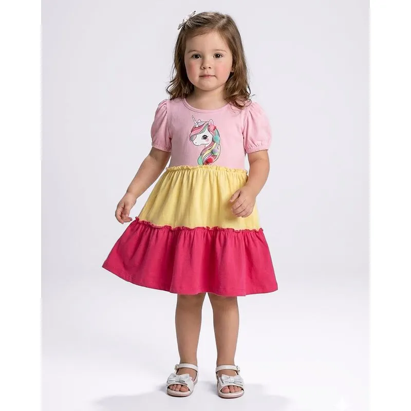 Vestido Bebê Manga Curta Três Marias Estampa Unicórnio Glitter Rosa 3
