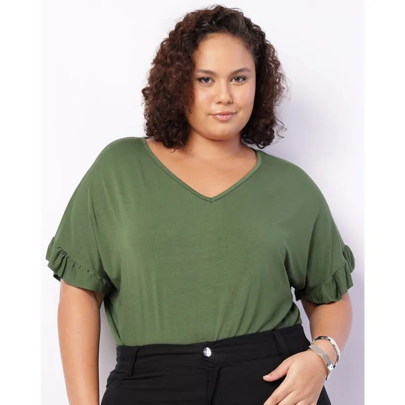 Blusa Plus Size Feminino Manga Curta Com Babado Verde G3