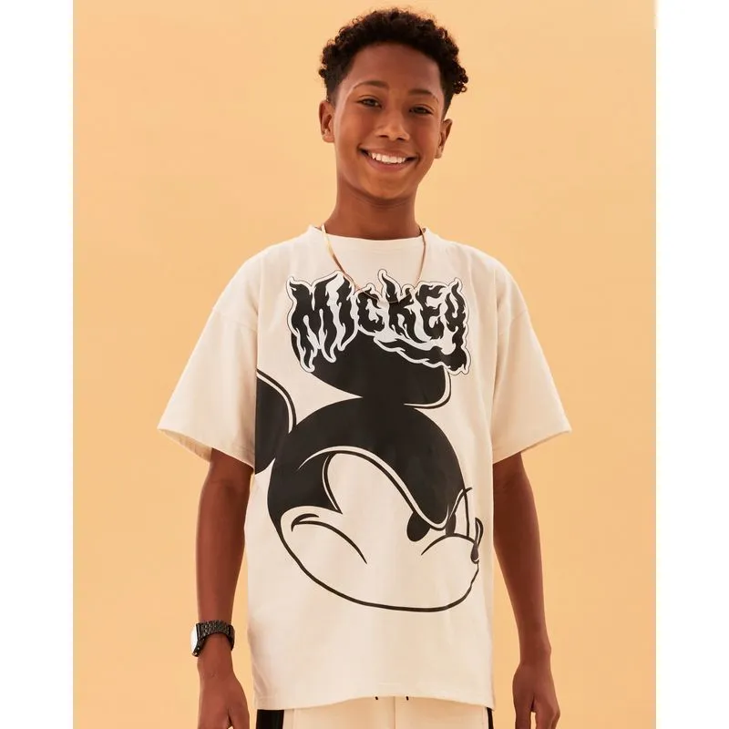 Camiseta Juvenil Disney Mickey Manga Curta Bege 10