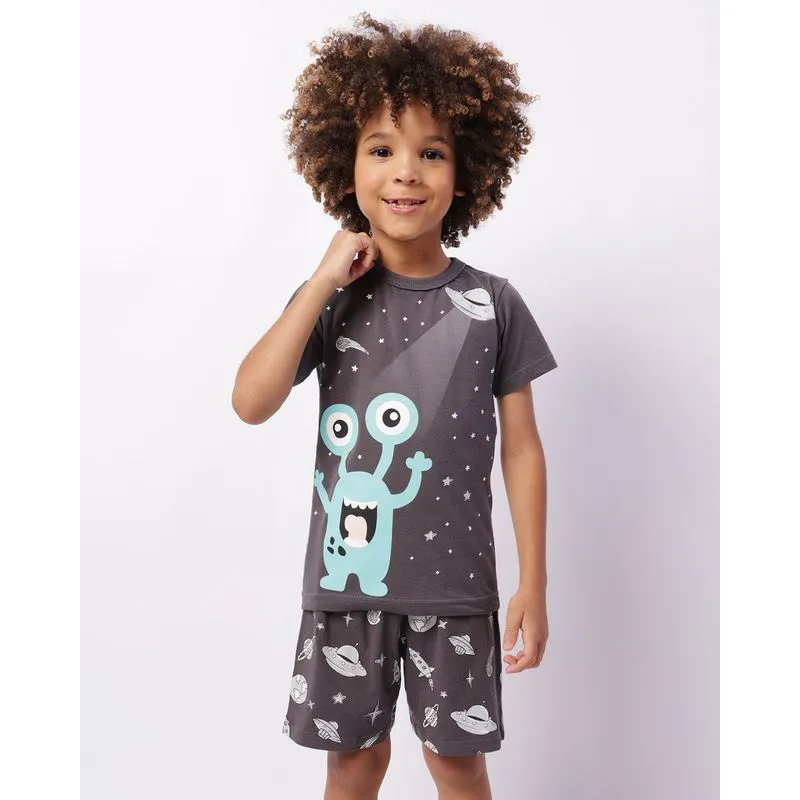 Pijama Infantil Curto Manga Curta Estampa Espaço Cinza 8