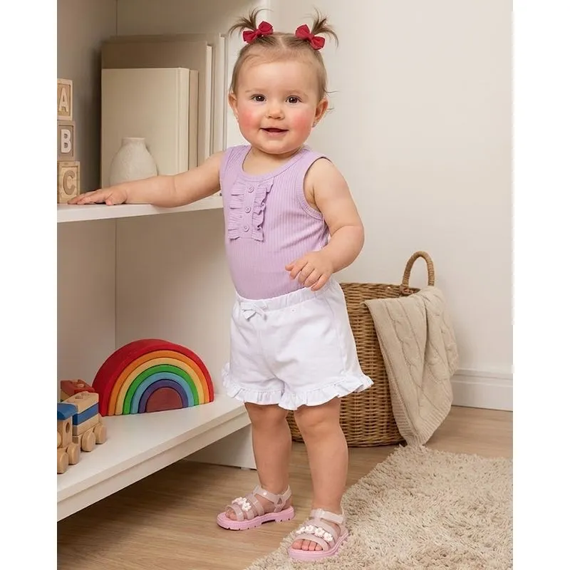 Short Bebê Sarja Com Babado e Laço Branco M
