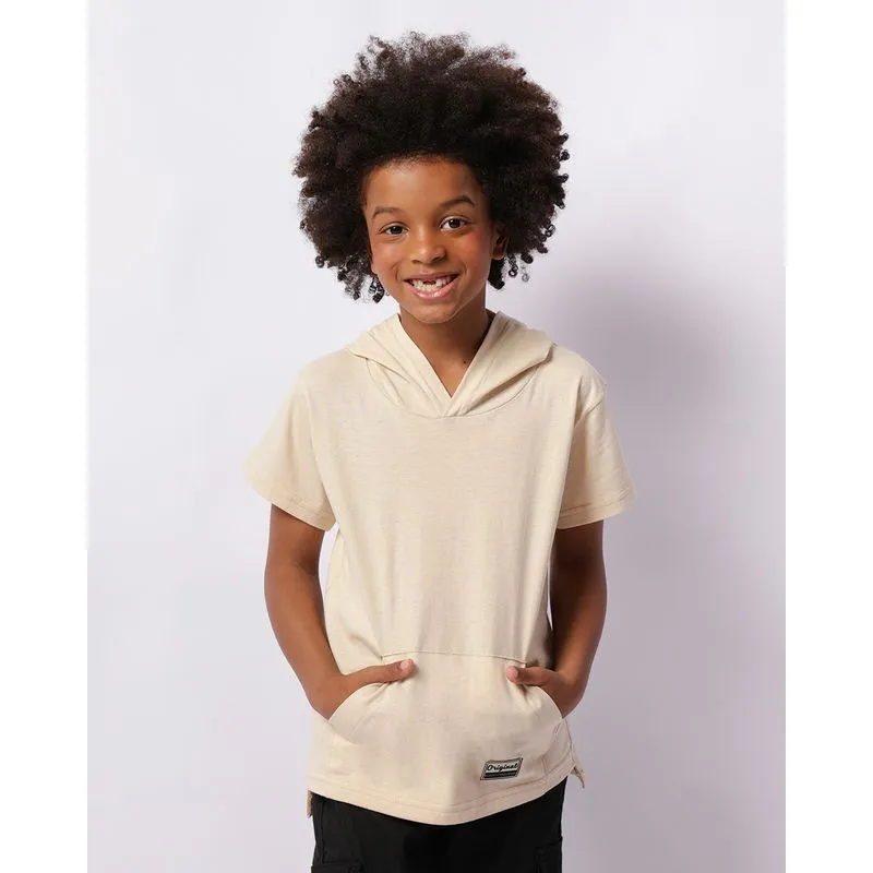 Camiseta Infantil Com Capuz Bolso Canguru Manga Curta Bege 4