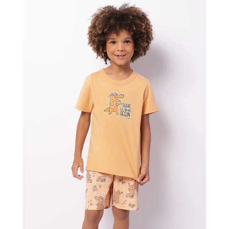Pijama Infantil Curto Estampa Jacareí Manga Curta Marrom 4