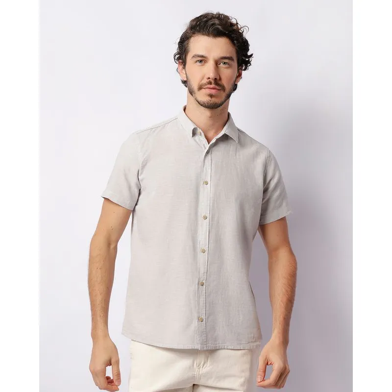 Camisa Masculina Linho Manga Curta Com Botões Cinza M