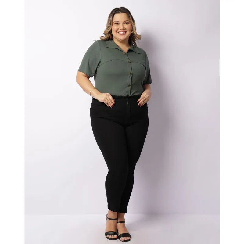 Calça Plus Size Sarja Feminina Skinny Sawary Preta 50