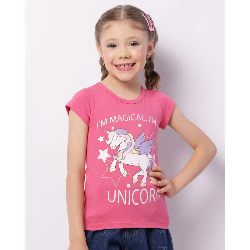 Blusa Infantil Manga Curta Estampa Unicórnio Glitter Rosa 4