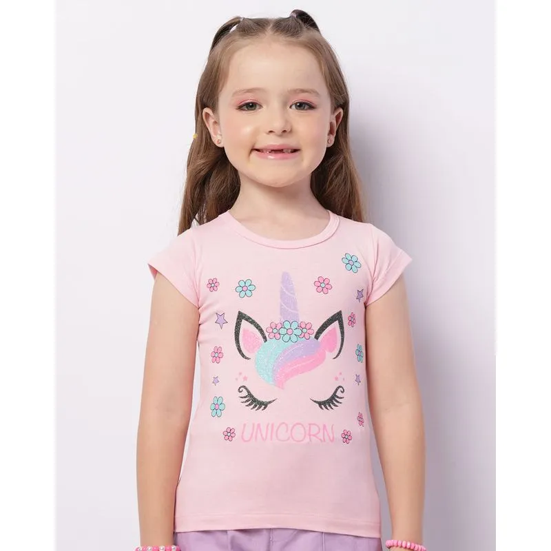 Blusa Infantil Estampa Unicórnio Manga Curta Rosa 8