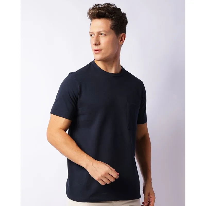 Camiseta Masculina Manga Curta Texturizada Com Bolso Marinho GG