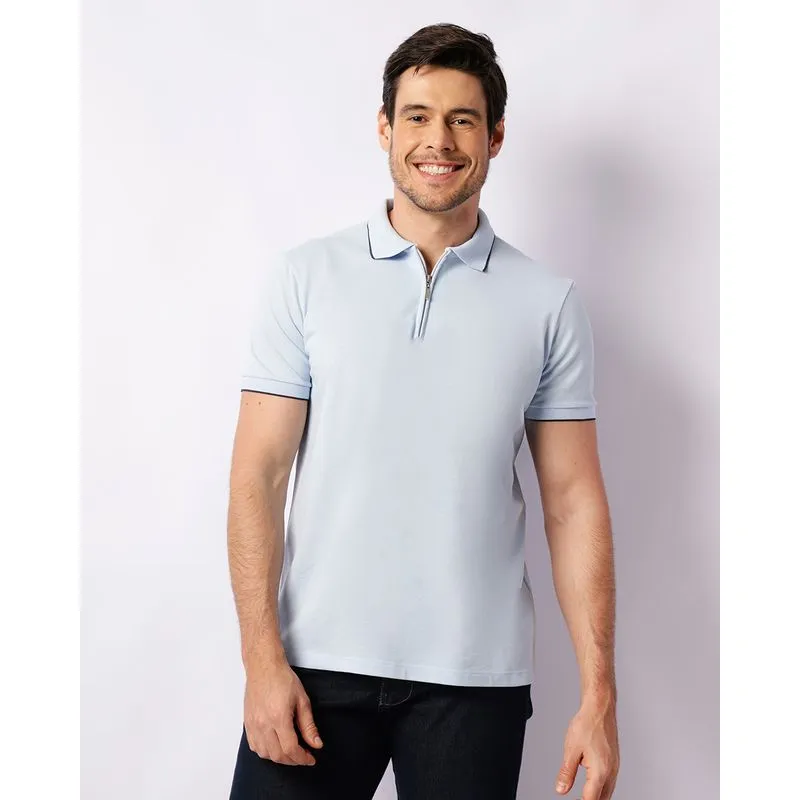 Camisa Polo Masculina Com Zíper Manga Curta Azul GG
