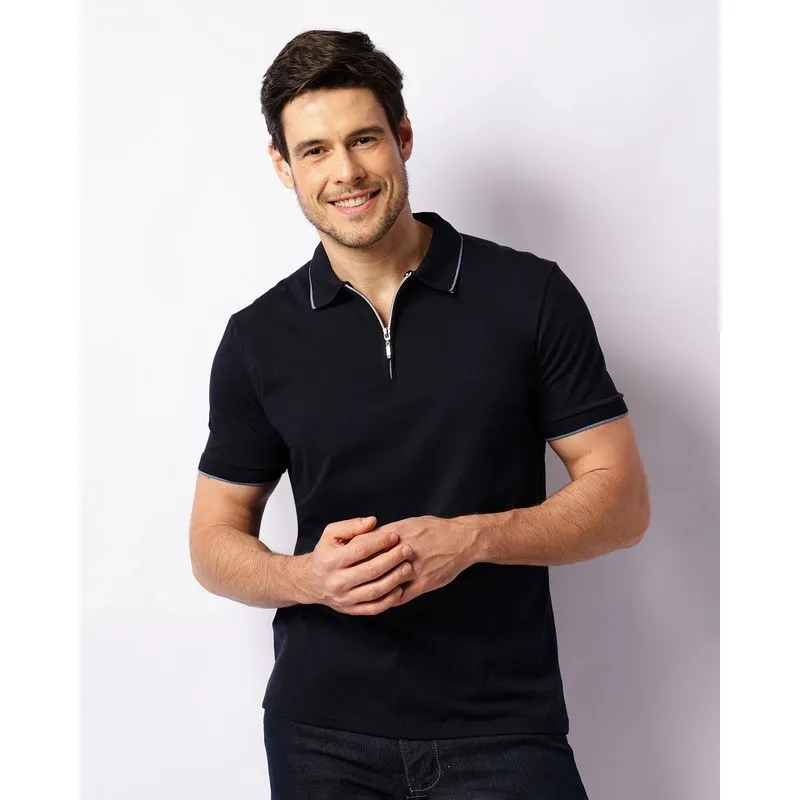 Camisa Polo Masculina Com Zíper Manga Curta Marinho M