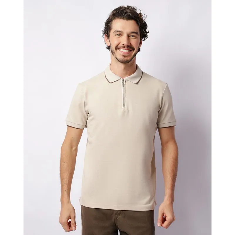 Camisa Polo Masculina Com Zíper Manga Curta Bege G