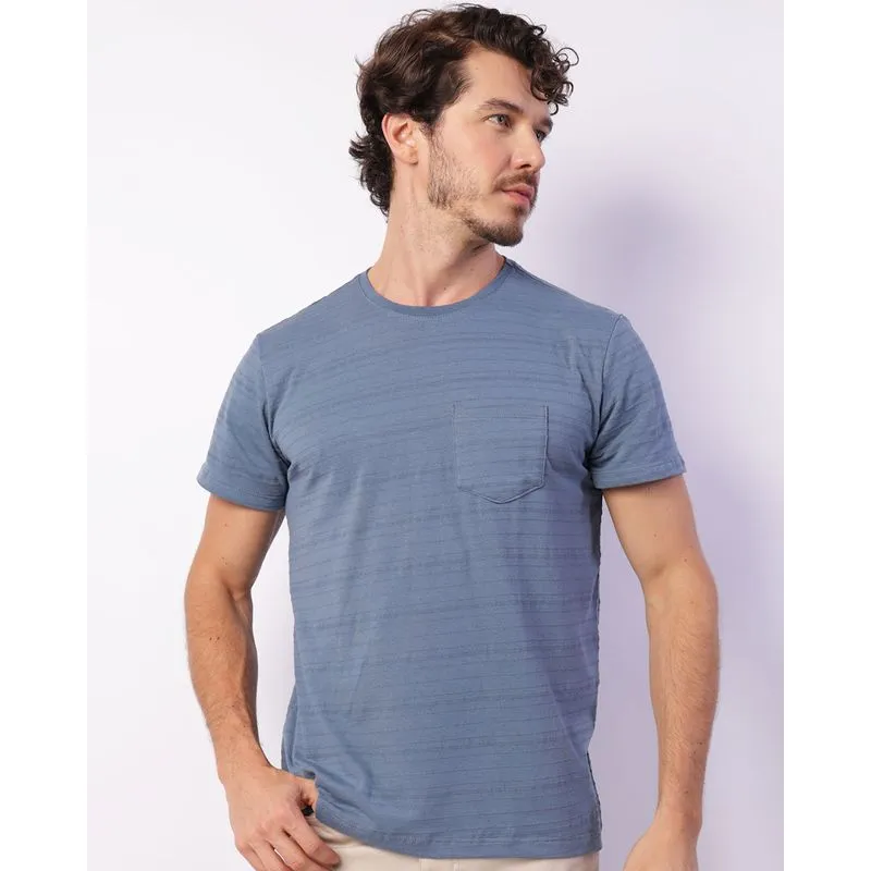 Camiseta Masculina Manga Curta Texturizada Bolso Azul GG