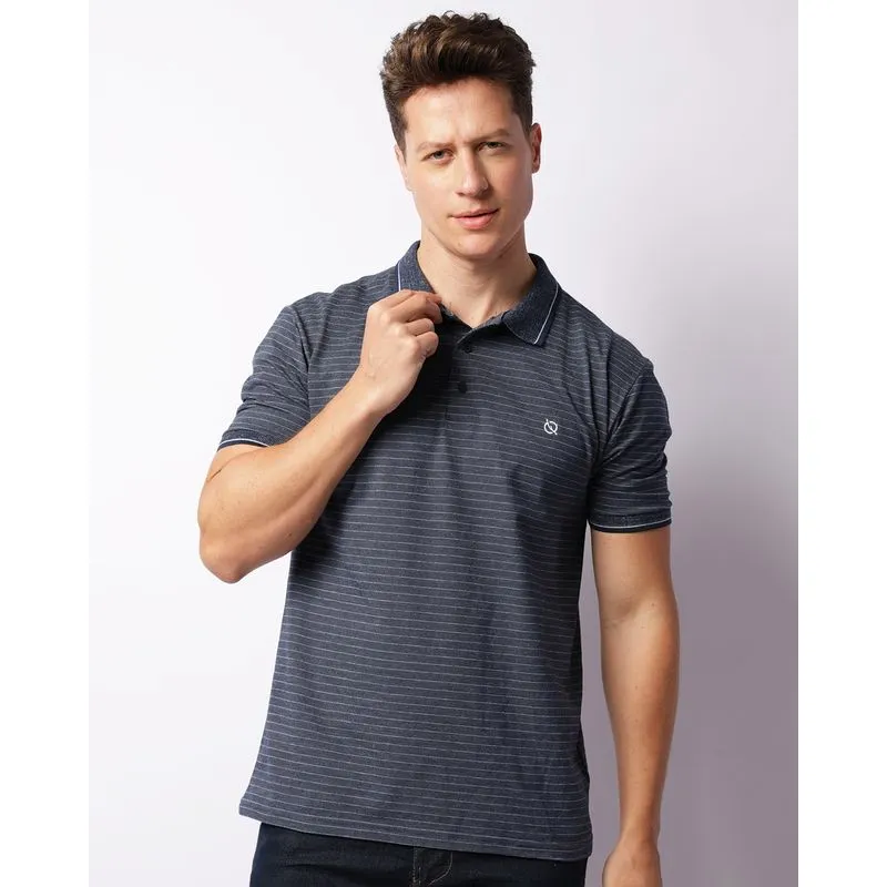 Camisa Polo Listrada Manga Curta Azul Marinho M