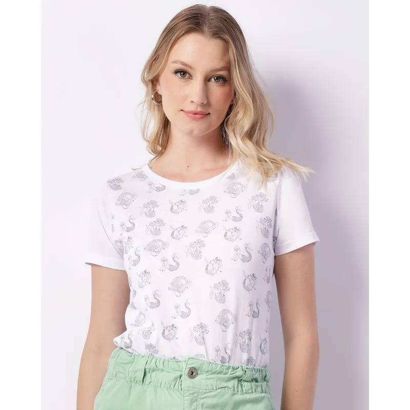 Blusa Feminina Manga Curta Estampada Sereia Branca P