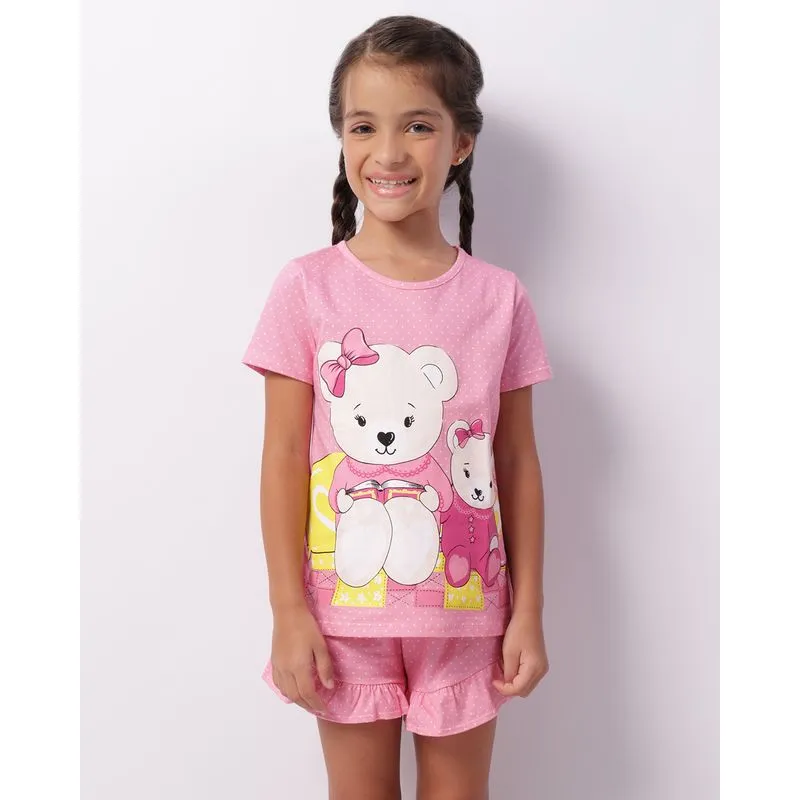 Pijama Infantil Curto Com Babado Estampa Ursinhos Poá Rosa 6