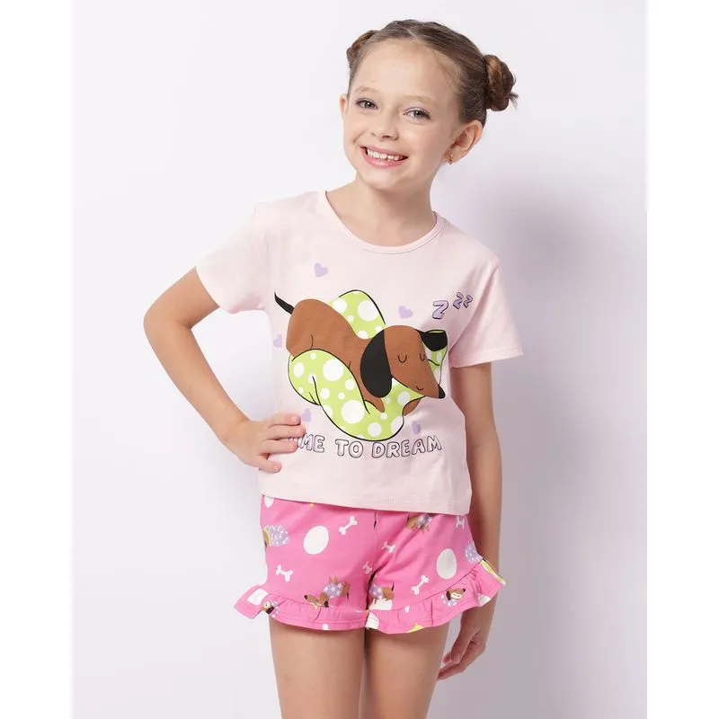 Pijama Infantil Curto Estampa Cachorrinho Rosa 6