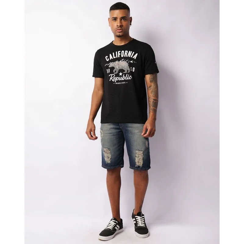 Bermuda Jeans Masculina Reta Com Destroyed Azul 38