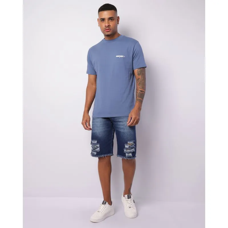 Bermuda Jeans Masculina Reta Destroyed Barra Desfiada Azul 40