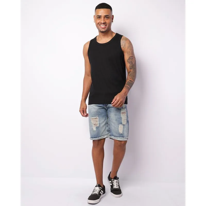 Bermuda Jeans Masculina Reta Destroyed Barra Dobrável Azul 48