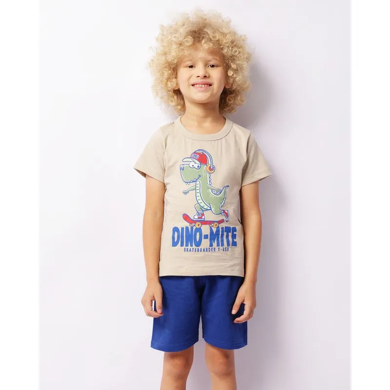 Conjunto Infantil Curto Estampa Dinossauro Manga Curta Bege 6