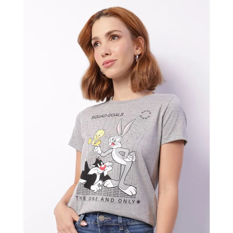 Camiseta Feminina Manga Curta Looney Tunes Mesclada Cinza M
