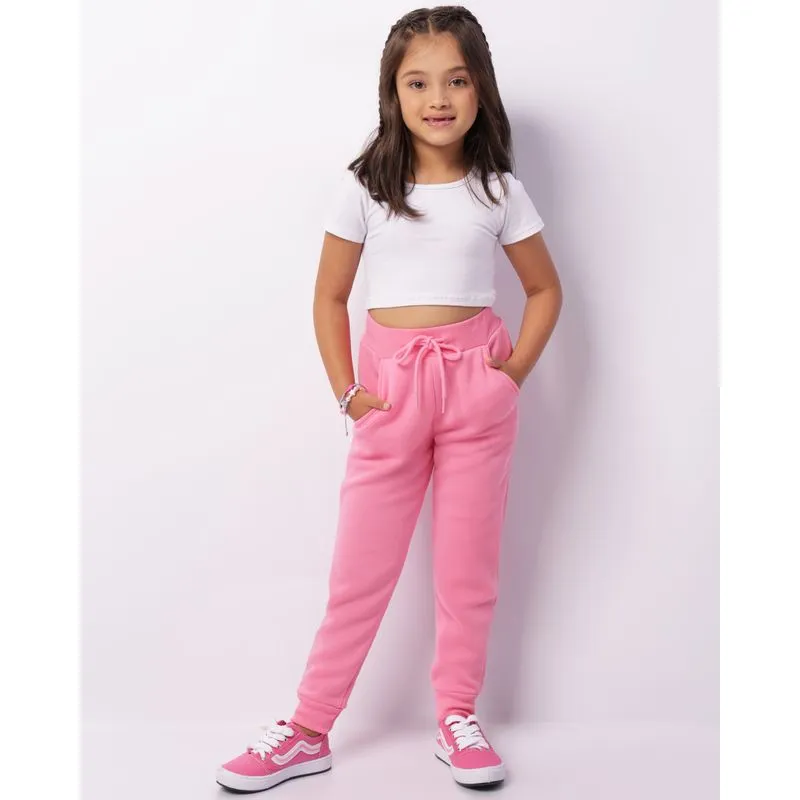 Calça Moletom Infantil Jogger Peluciada Com Cordão Rosa 4