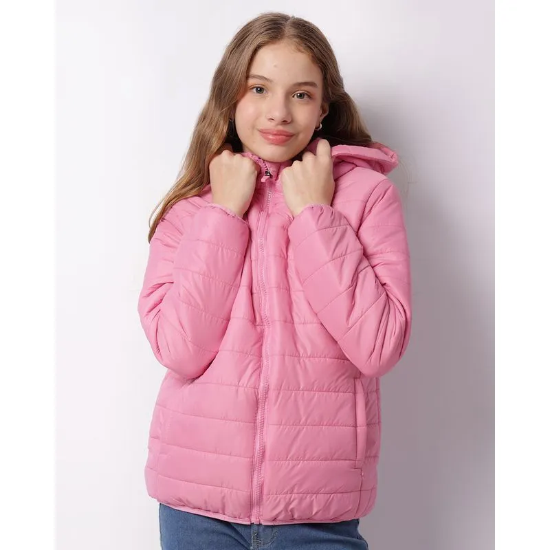 Jaqueta Juvenil Puffer Com Capuz Bolsos Rosa 16