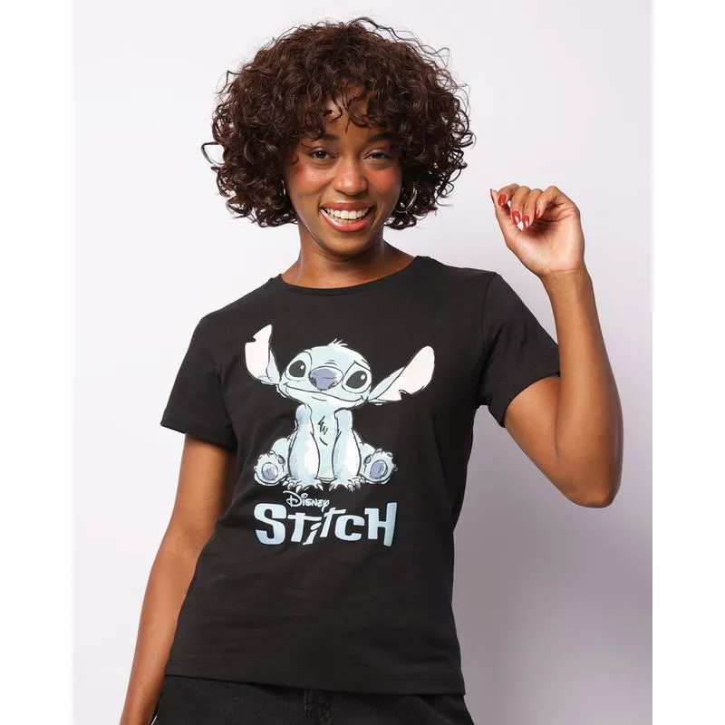 Camiseta Feminina Stitch Disney Manga Curta Preta M