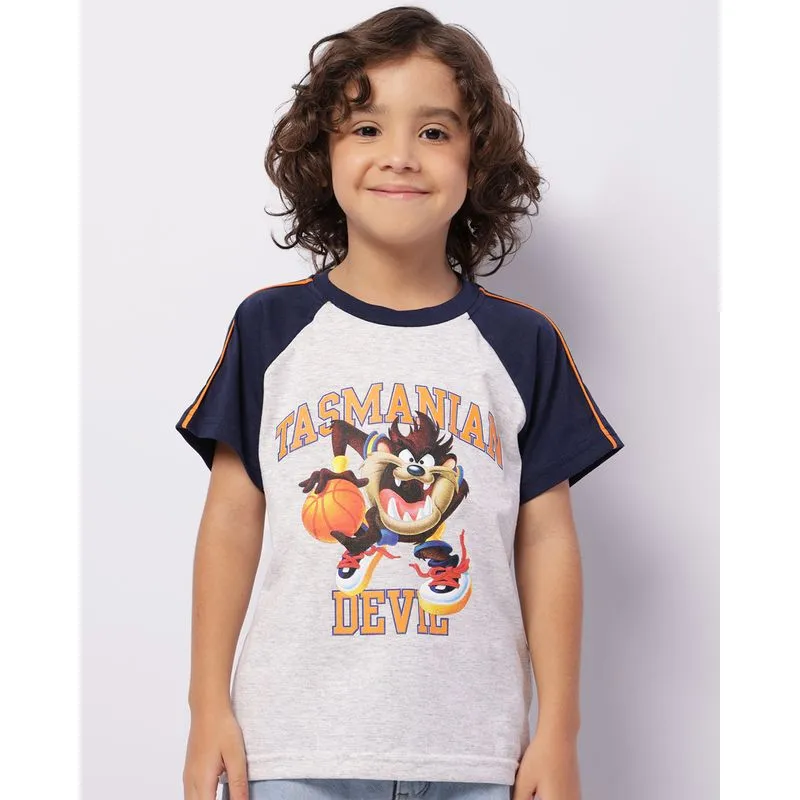 Camiseta Infantil Looney Tunes Taz Manga Curta Raglan Cinza 6