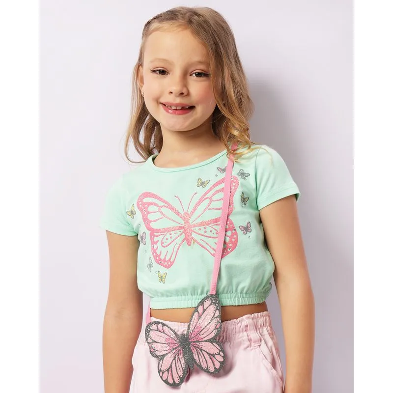 Blusa Infantil Cropped Estampa Borboleta Verde + Brinde Bolsinha 10