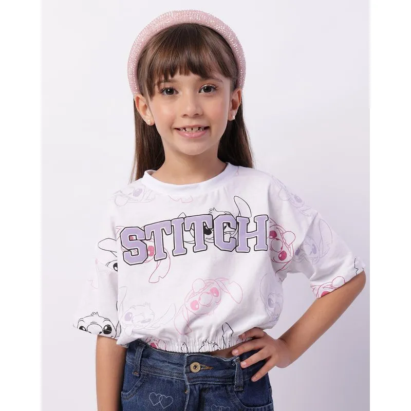 Camiseta Infantil Cropped Disney Stitch Manga Curta Branca 8