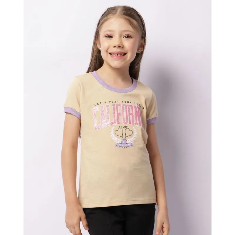Blusa Infantil Manga Curta Estampa Califórnia Com Glitter Bege 8