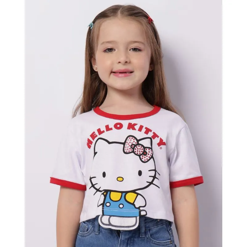 Camiseta Infantil Cropped Hello Kitty Manga Curta Branca 6